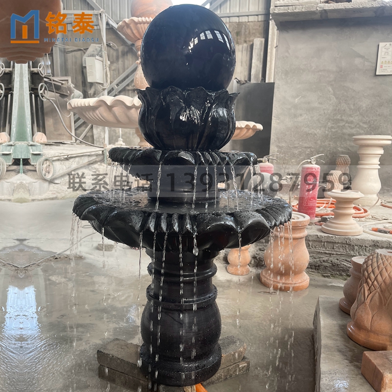 大理石中国黑石雕喷泉流水景观风水球水景水钵装饰摆件