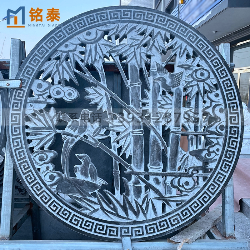 青石窗花浮雕装饰摆件圆形镂空浮雕竹子喜鹊壁画厂家直销